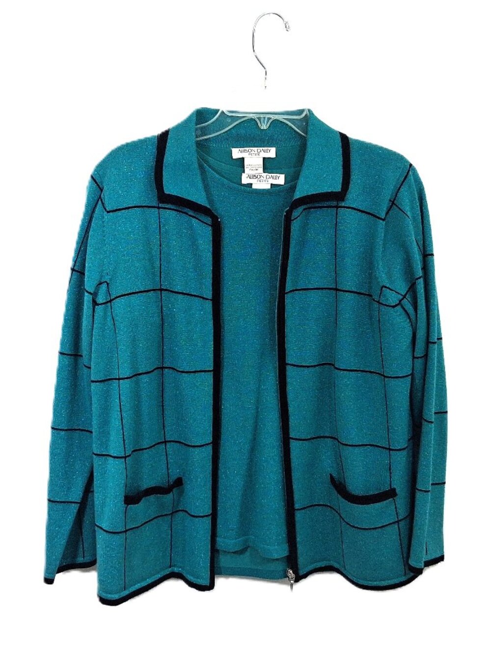 Vintage Sweater Set Allison Daley Petite Top Cardigan Sweater Teal Metallic PL - Picture 10 of 11